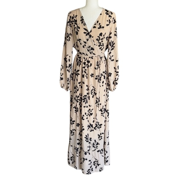 NWT Bohme Beige & Black Floral Print Long Balloon Sleeve Wrap Maxi Dress - L - Picture 1 of 13